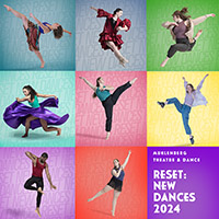 Reset poster art depicts a grid of nine squares with brightly colored backgrounds. In each square a dancer is silhouetted. The bottom-right square contains the text Reset: New Dances 2024.